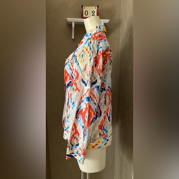 Chicos Womens Artsy cotton spandex multicolor jacket sz 2 ( M) Metal Button Up - Picture 14 of 15